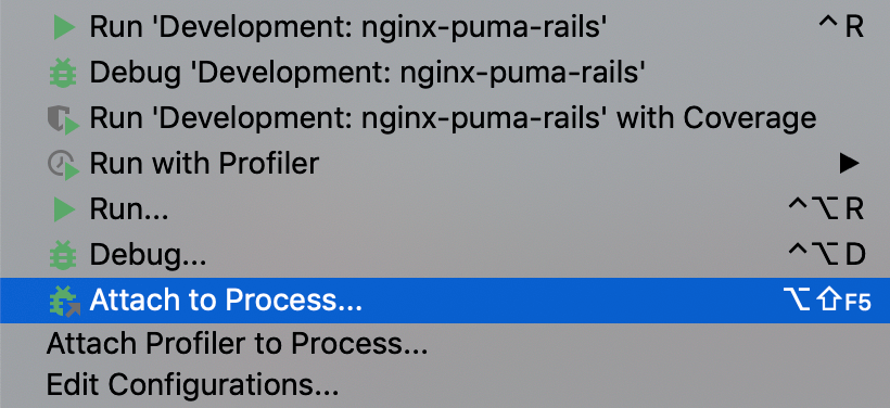 RubyMineのメニューバーのRunを開いた画面